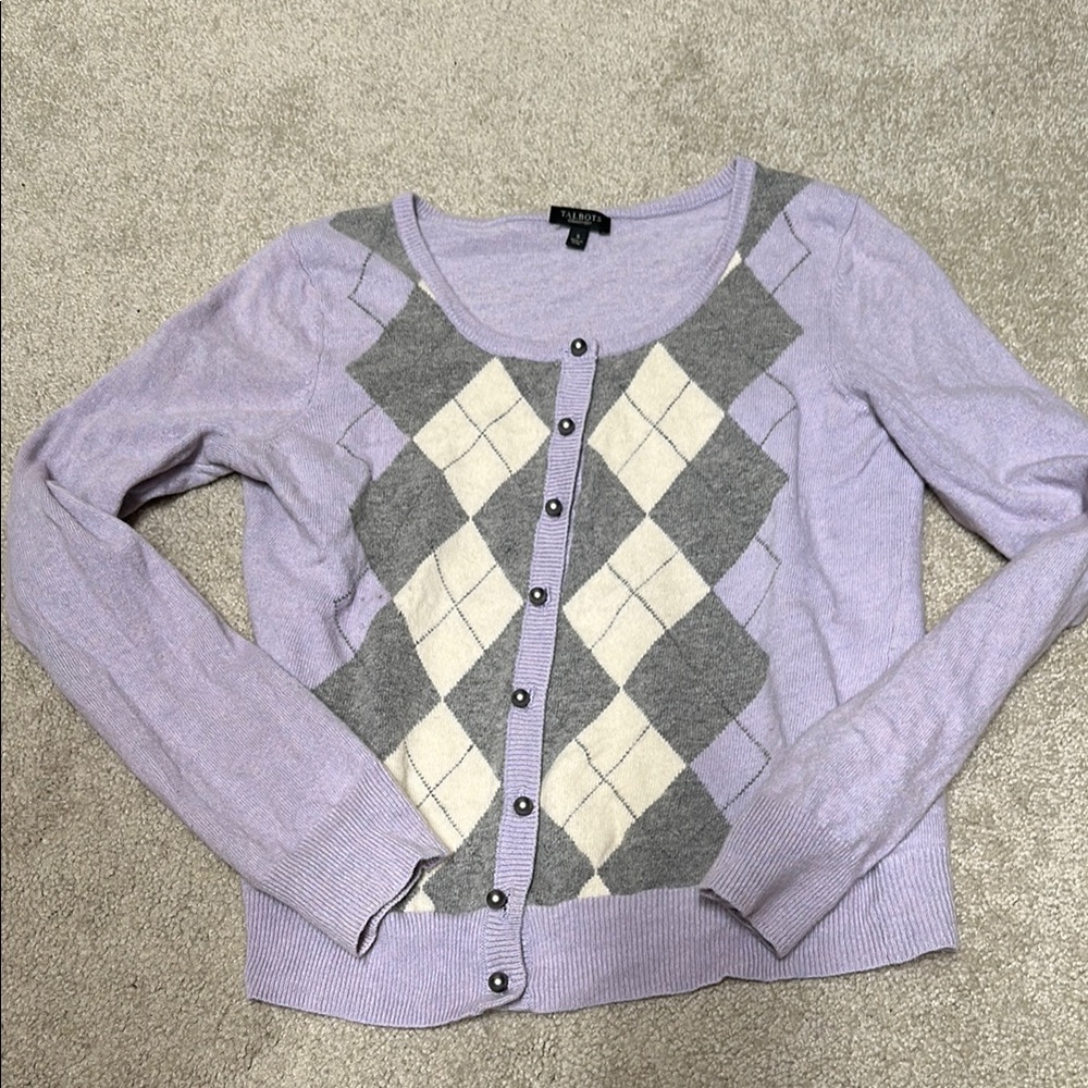 Purple and Gray Argyle Cardigan Sweater Lambswool Pearl Buttons